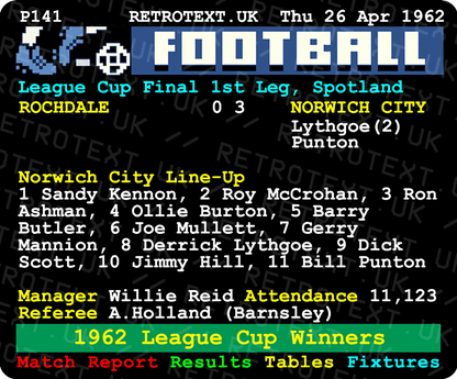 Retrotext Norwich City 1962 League Cup Winners ceramic mug featuring a nostalgic teletext football match report design