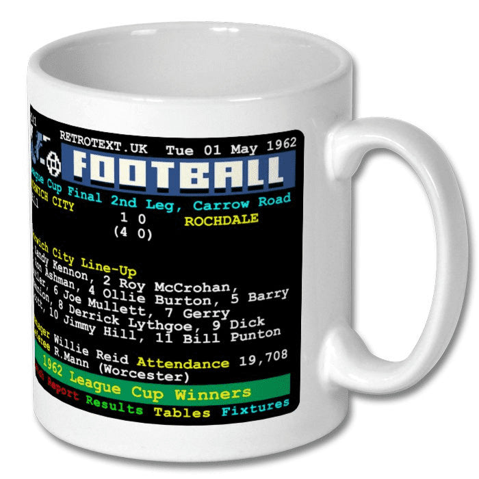 Retrotext Norwich City 1962 League Cup winners ceramic mug with retro teletext football match details and line-up