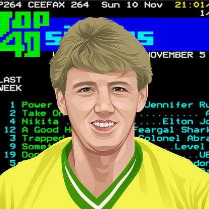 Retrotext Norwich City 1985 League Cup Winners ceramic mug featuring a Steve Bruce illustration and teletext design