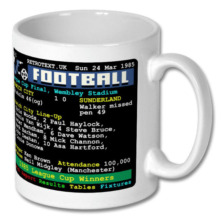 Retrotext Norwich City 1985 League Cup Winners ceramic mug featuring a nostalgic teletext match report design.