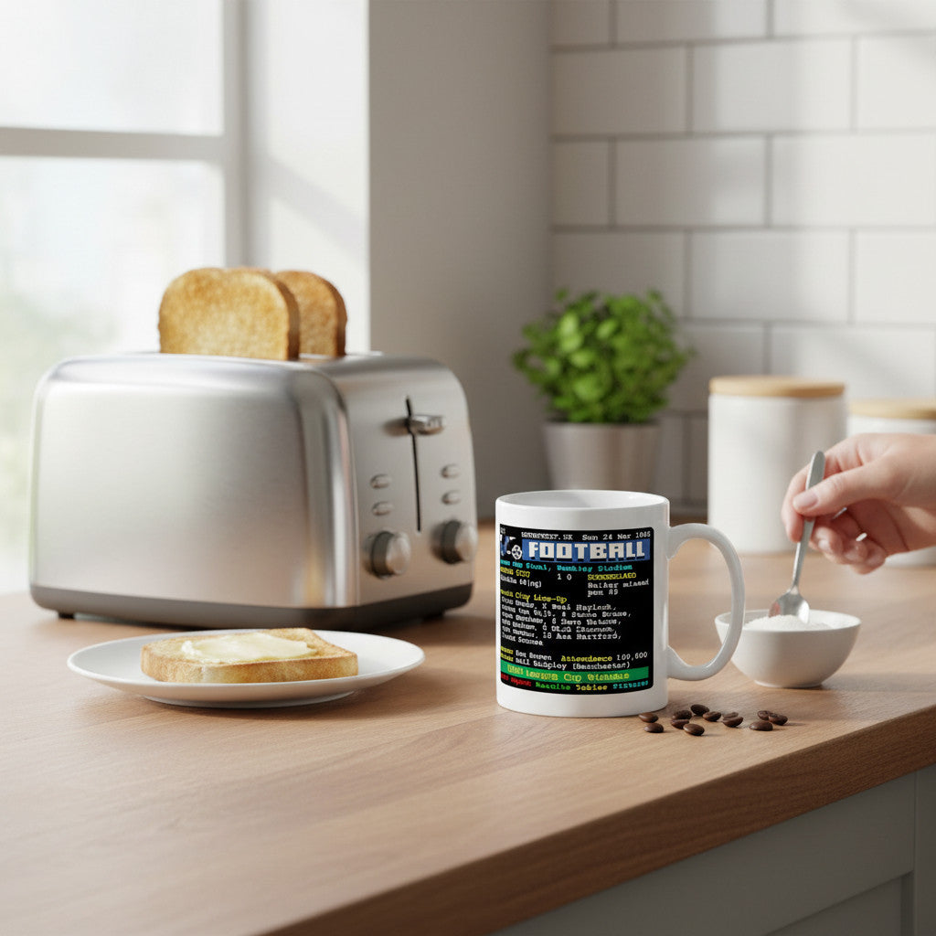 Retrotext ceramic mug featuring a 1985 Norwich City League Cup victory teletext page on a kitchen counter