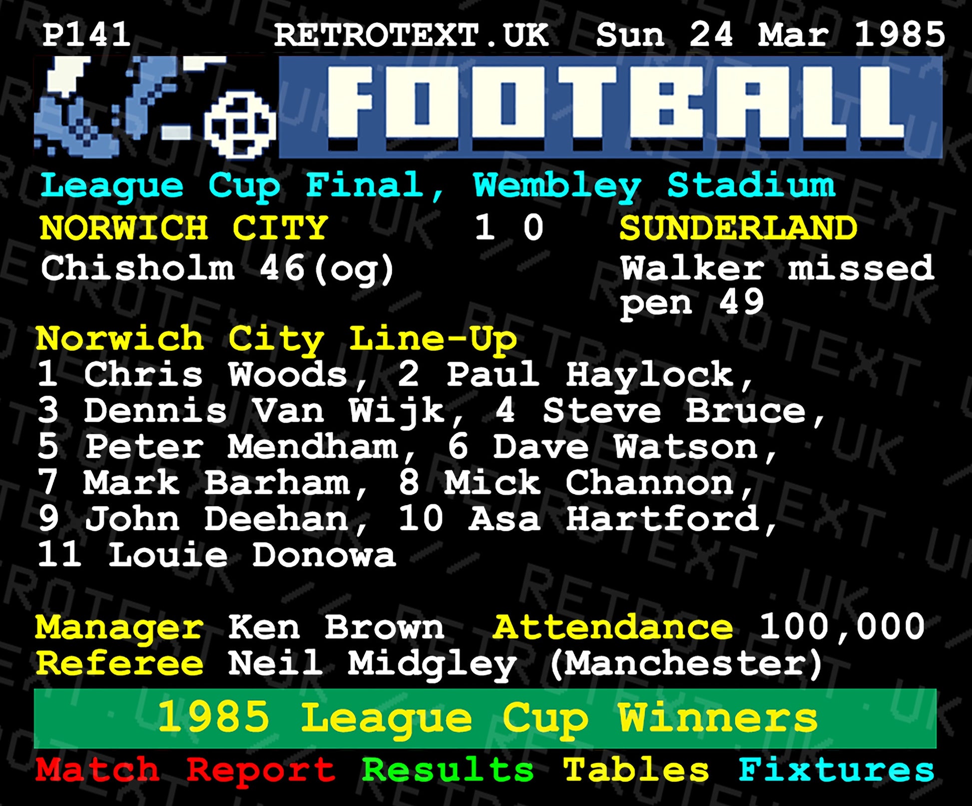 Retrotext Norwich City 1985 League Cup Winners ceramic mug featuring a vintage teletext football match report page.