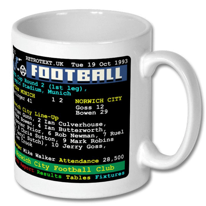 Retrotext Norwich City 1990s football teletext mug featuring the Bayern Munich match score on a glossy white finish.
