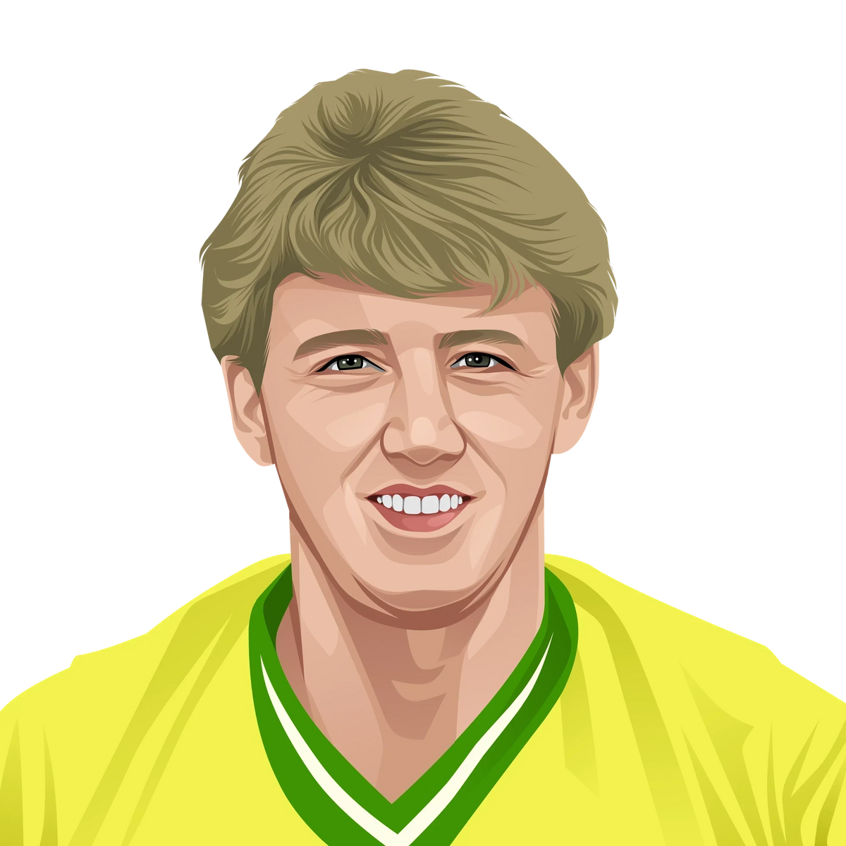 Retrotext illustration of a Norwich City football player in a yellow and green kit from the 1985 era