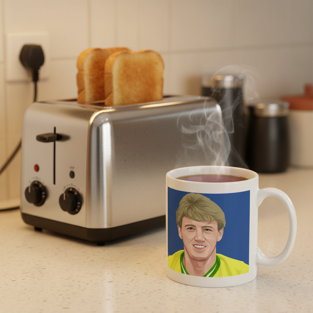 Retrotext Norwich City 1985 League Cup ceramic mug featuring a Steve Bruce illustration next to a toaster with toast.