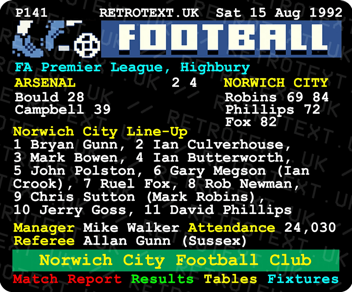 Retrotext Norwich City 1990s football teletext mug featuring the 1992 match report against Arsenal on a glossy white cup