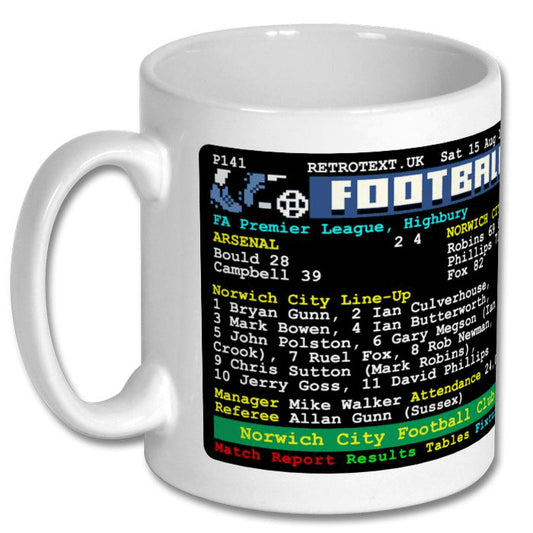 Retrotext Norwich City 1990s football teletext mug featuring match report details against Arsenal in glossy white ceramic