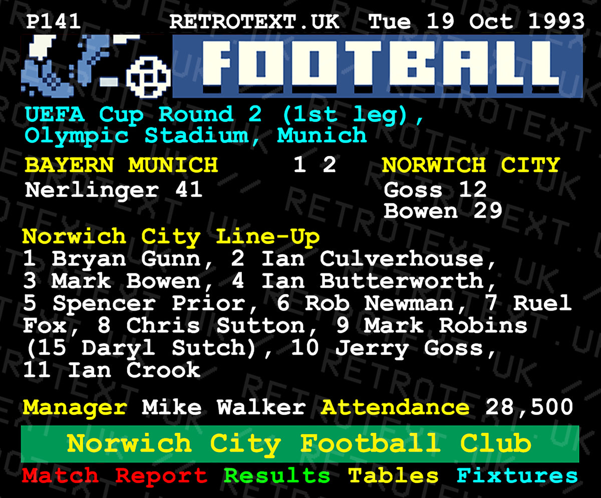 Retrotext Norwich City 1990s football teletext mug featuring the historic Bayern Munich match report in white ceramic.