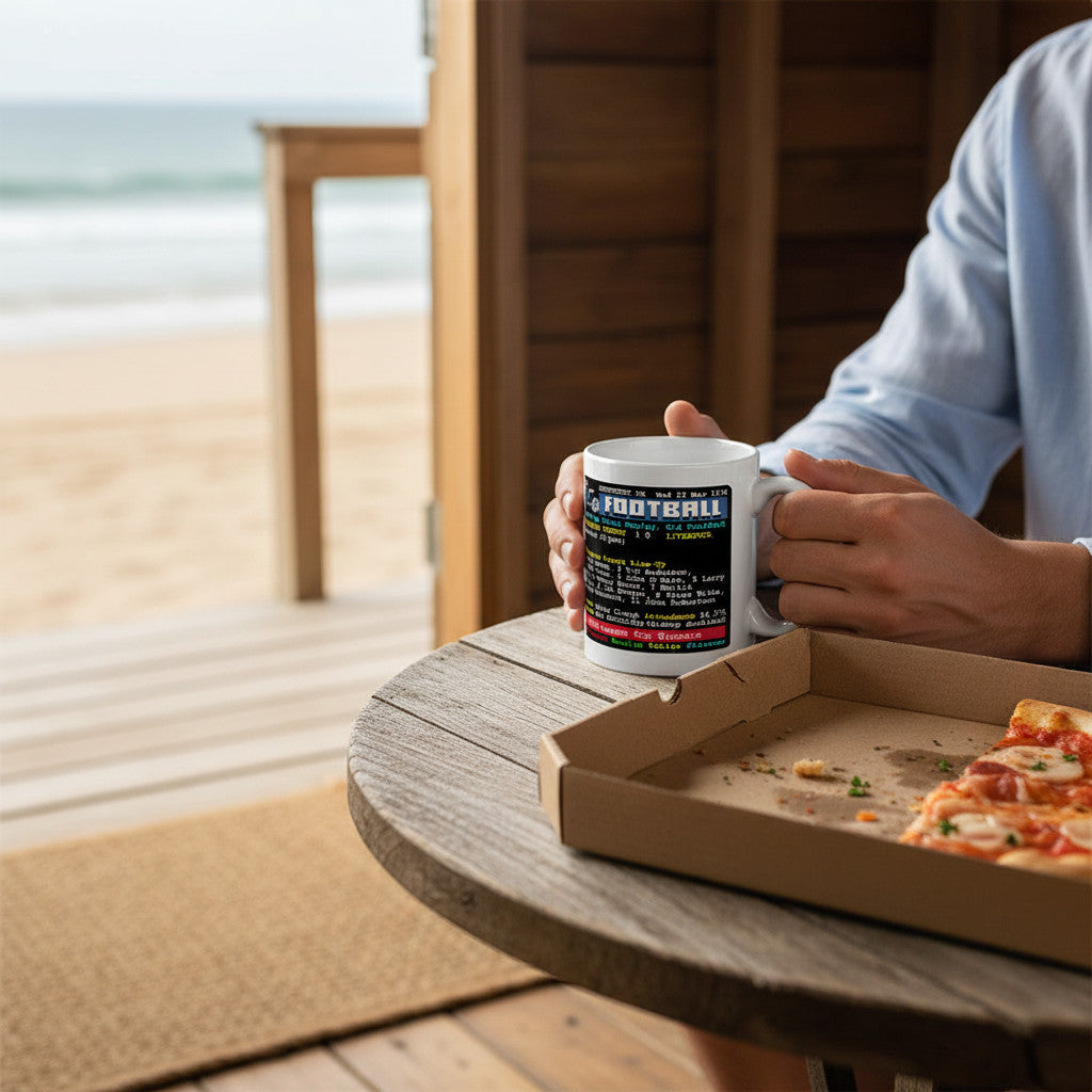 Retrotext white ceramic mug featuring Nottingham Forest 1978 League Cup final details held by a man at a beach table.