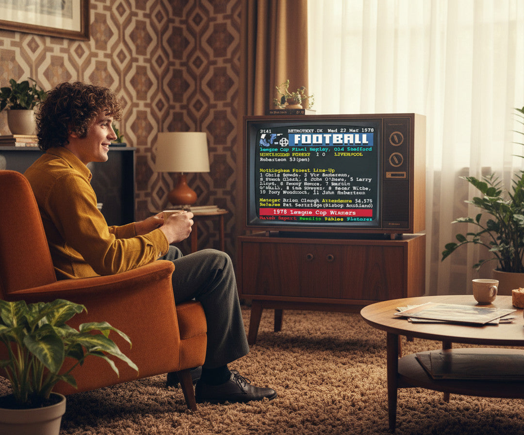 Retrotext Nottingham Forest 1978 League Cup Winners mug held by a man watching a vintage television in a retro room