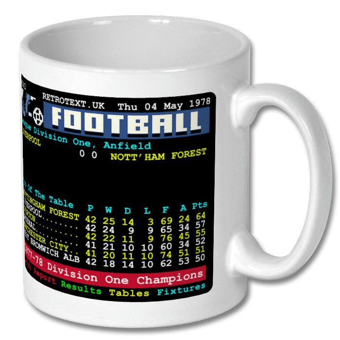 Retrotext Nottingham Forest 1978 Division One Champions teletext design on a glossy white 11oz ceramic mug