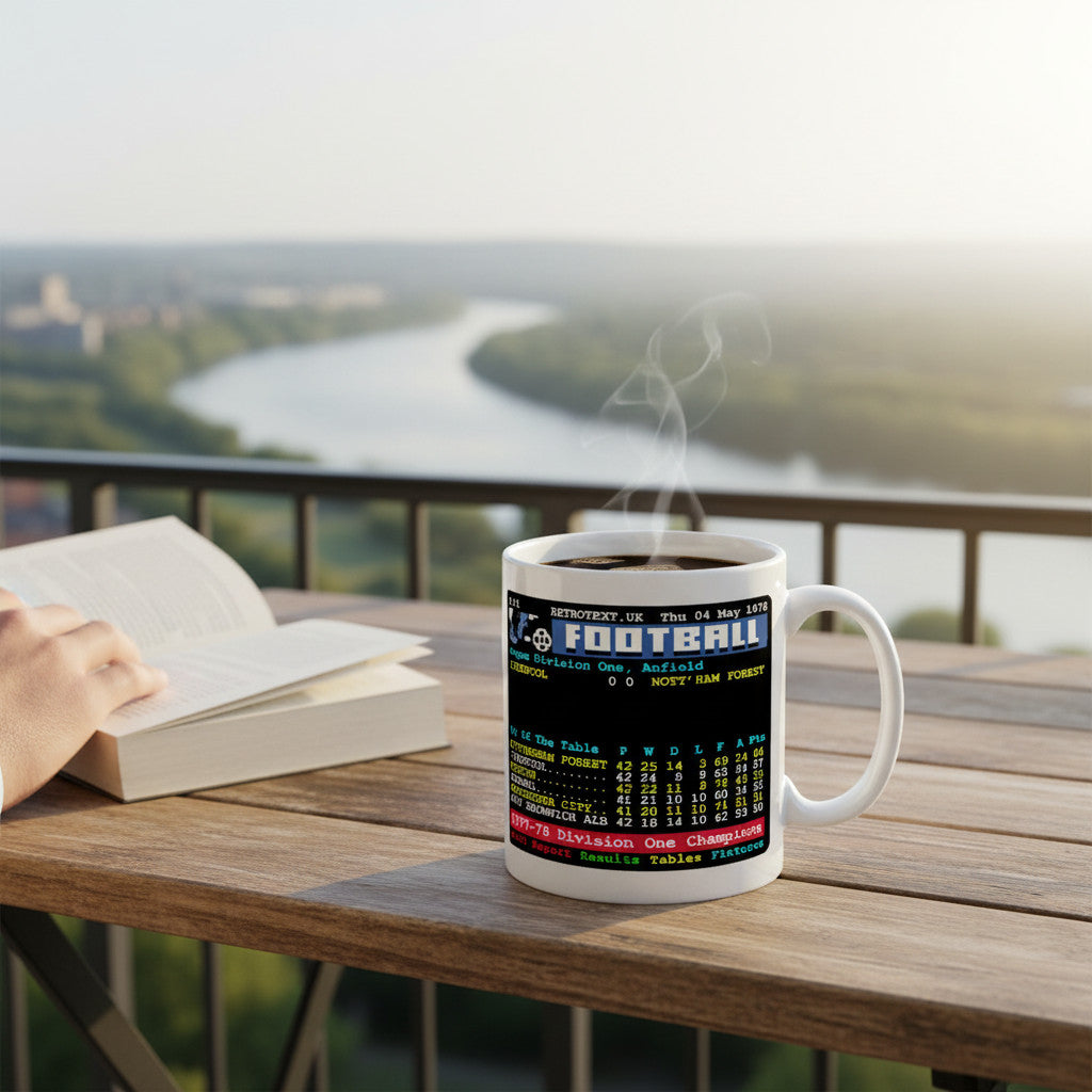 Retrotext Nottingham Forest 1978 Champions mug with teletext football league table design on a sunny balcony table