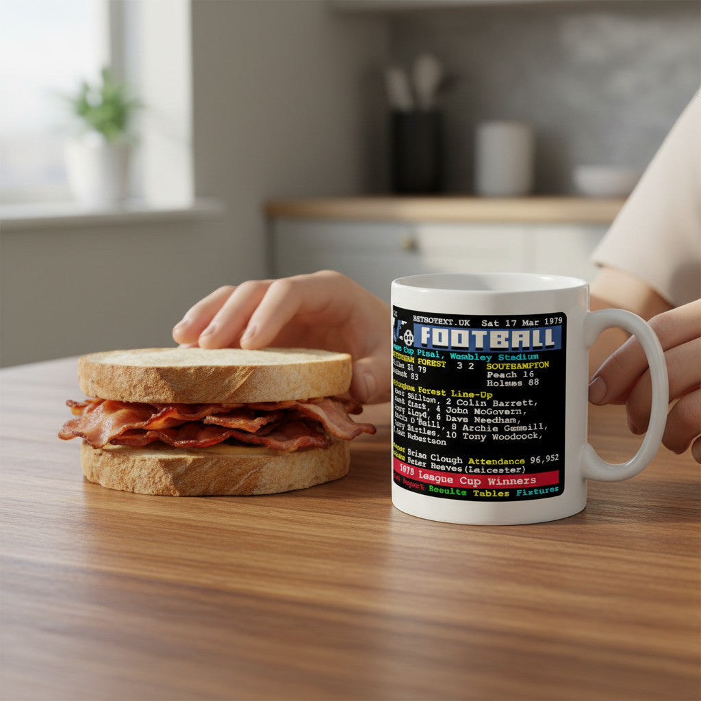 Retrotext white ceramic mug featuring Nottingham Forest 1979 League Cup final details next to a bacon sandwich.
