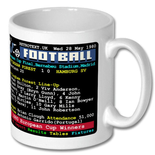 Retrotext Nottingham Forest 1980 European Cup Winners mug featuring a vintage teletext style football match report