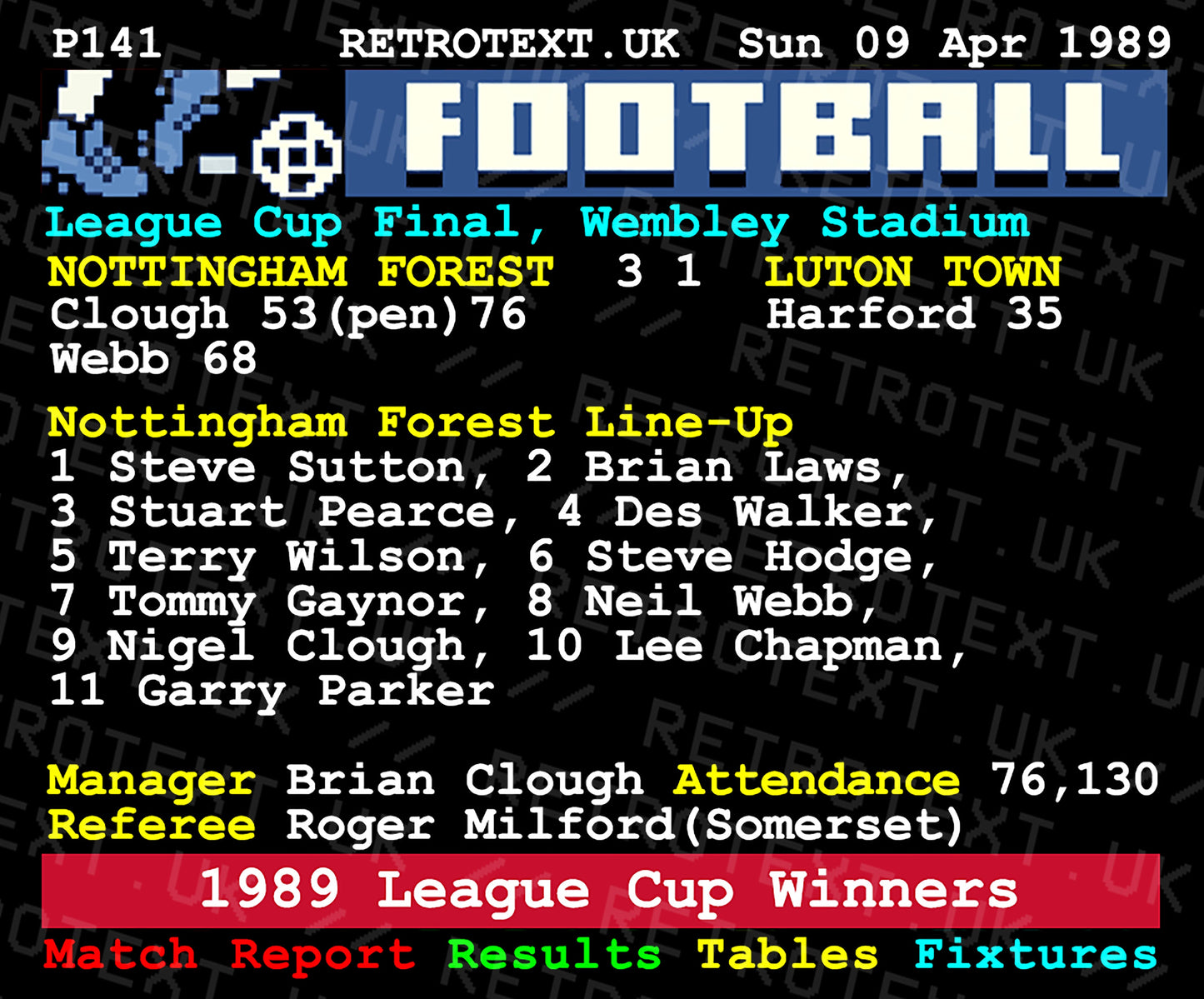 Retrotext Nottingham Forest 1989 League Cup Winners mug featuring Brian Clough and the match report details