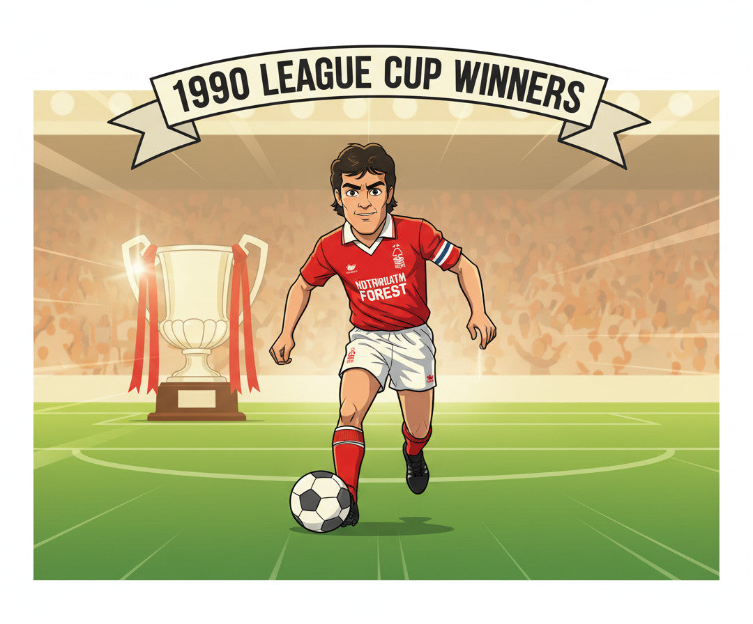 Retrotext 11oz glossy white mug featuring a cartoon illustration of a Nottingham Forest player and the 1990 trophy.