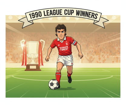 Retrotext Nottingham Forest 1990 League Cup Winners mug featuring a cartoon Brian Clough illustration on a white mug.