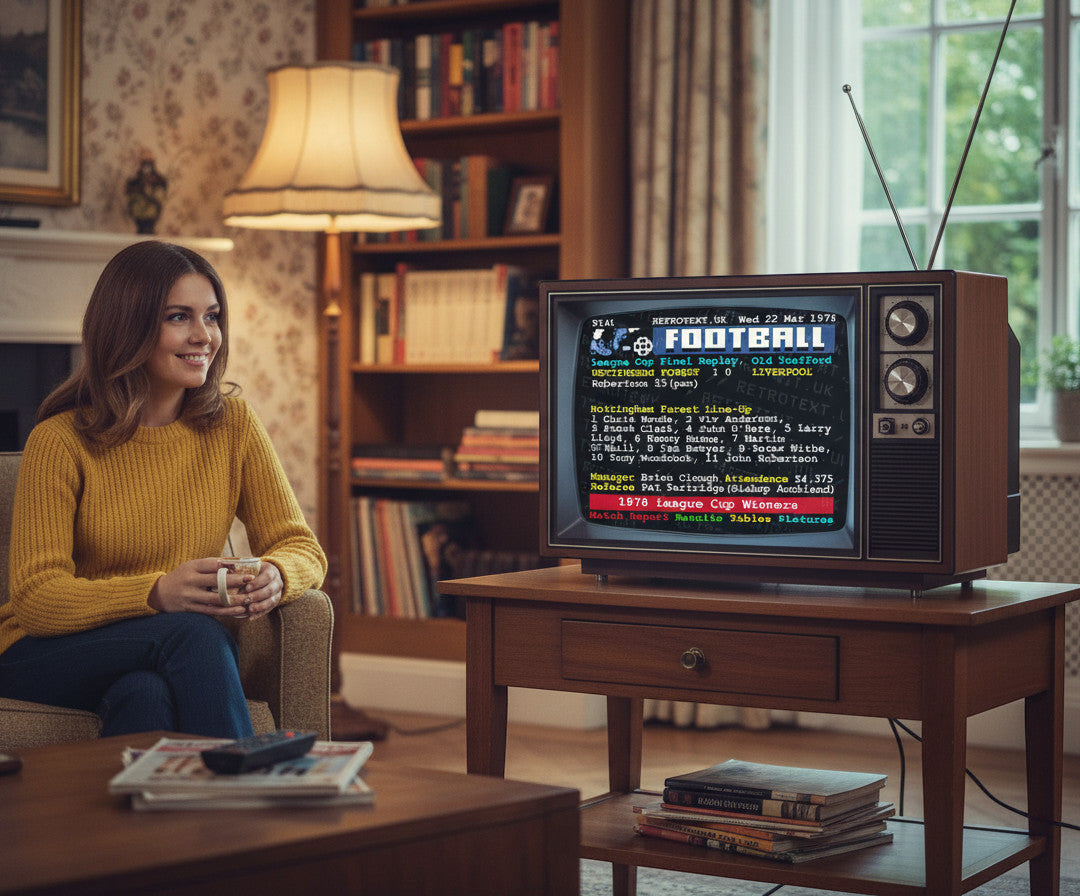Retrotext Nottingham Forest 1979 League Cup Winners mug held by a woman sitting in a living room with a vintage TV