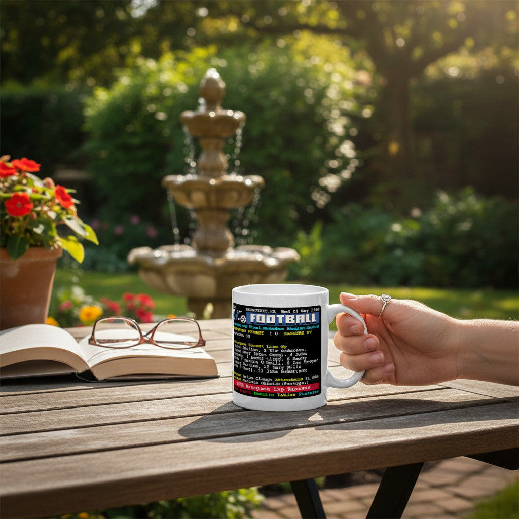 Retrotext Nottingham Forest 1980 European Cup winners mug with Brian Clough teletext design on a garden table