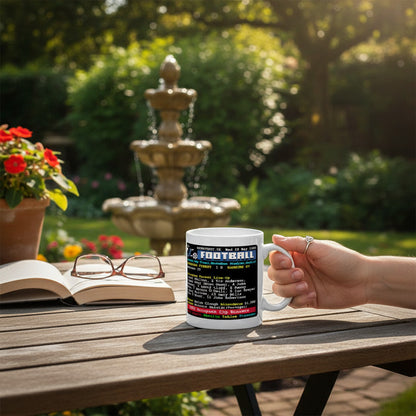 Retrotext Nottingham Forest 1980 European Cup winners mug with Brian Clough teletext design on a garden table
