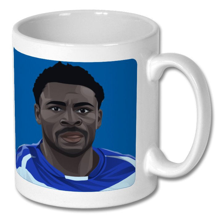 Retrotext ceramic mug featuring an illustration of Obafemi Martins in a Birmingham City blue football kit