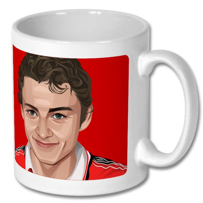 Retrotext 11oz white ceramic mug featuring a graphic illustration of Ole Gunnar Solskjaer in a red football kit