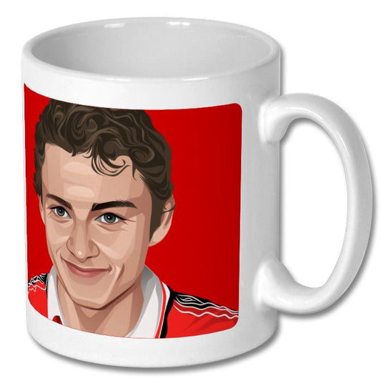 Retrotext 11oz white ceramic mug featuring a graphic illustration of Ole Gunnar Solskjaer in a red football kit