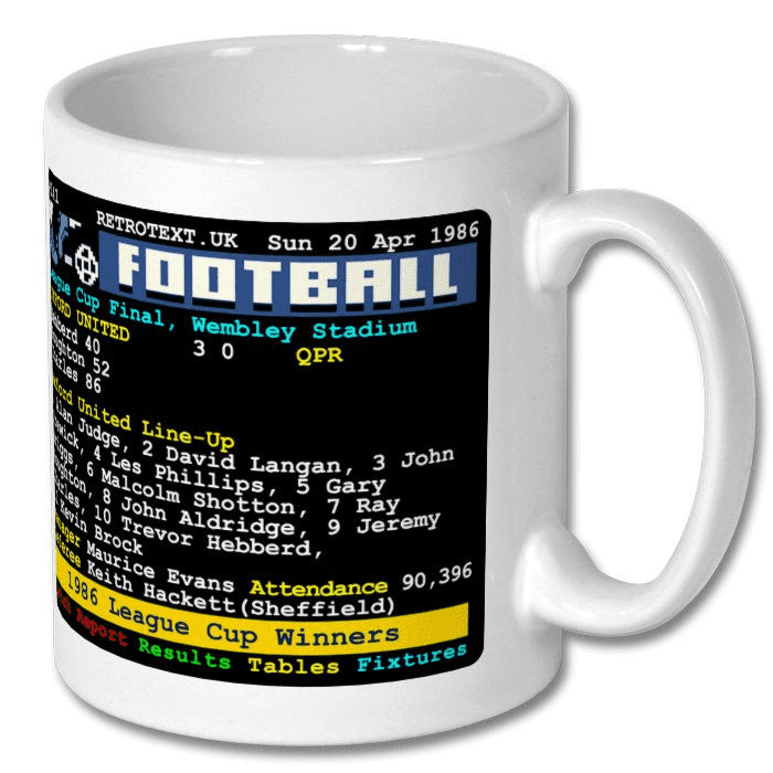 Retrotext white ceramic mug featuring a 1986 Oxford United League Cup final teletext scoreboard design.
