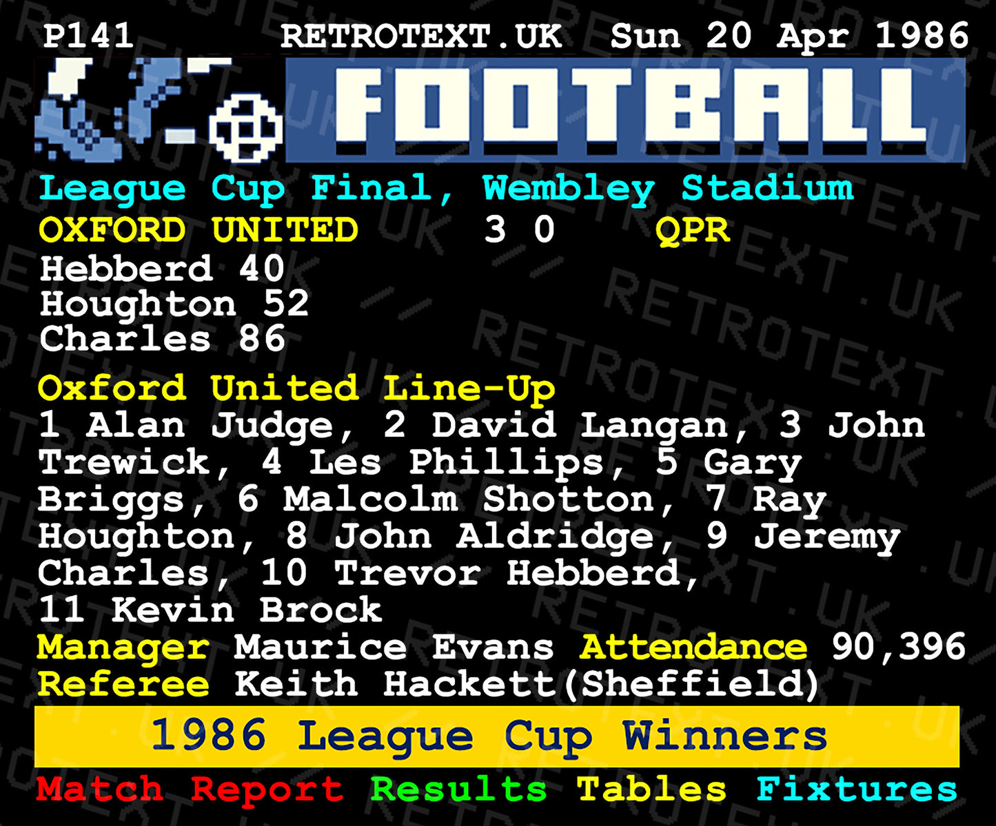 Retrotext white ceramic mug featuring the 1986 Oxford United League Cup final teletext match report scoreline