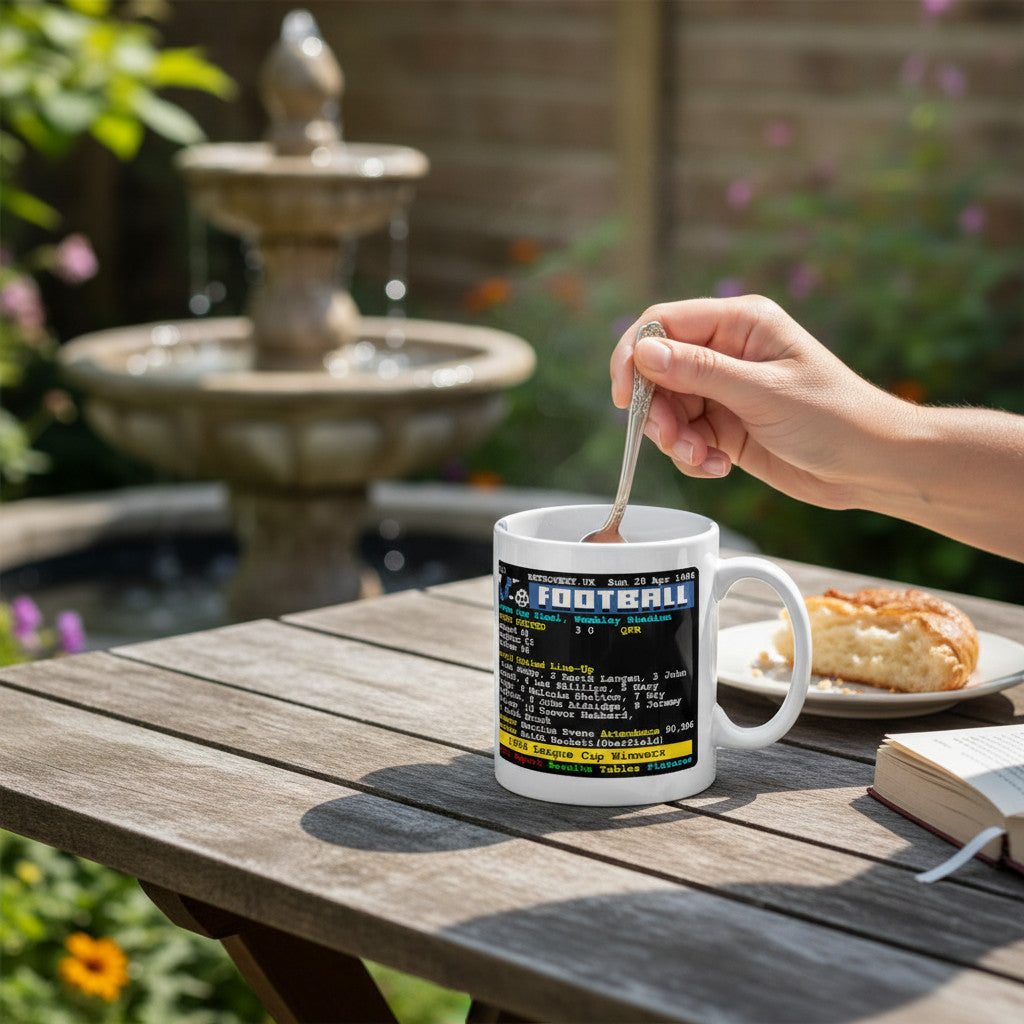 Retrotext Oxford United 1986 League Cup Winners Teletext mug on a wooden garden table with a hand stirring tea
