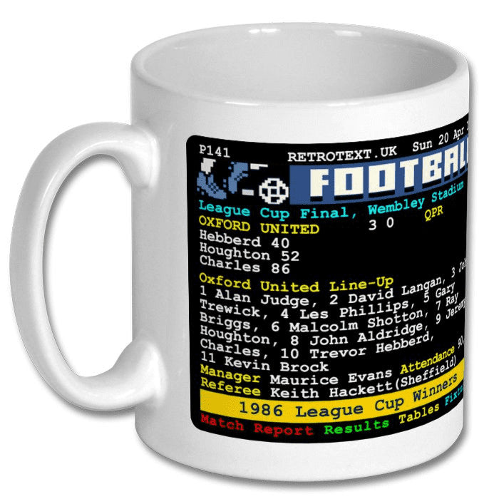 Retrotext Oxford United 1986 League Cup Winners mug featuring a classic teletext football match report design
