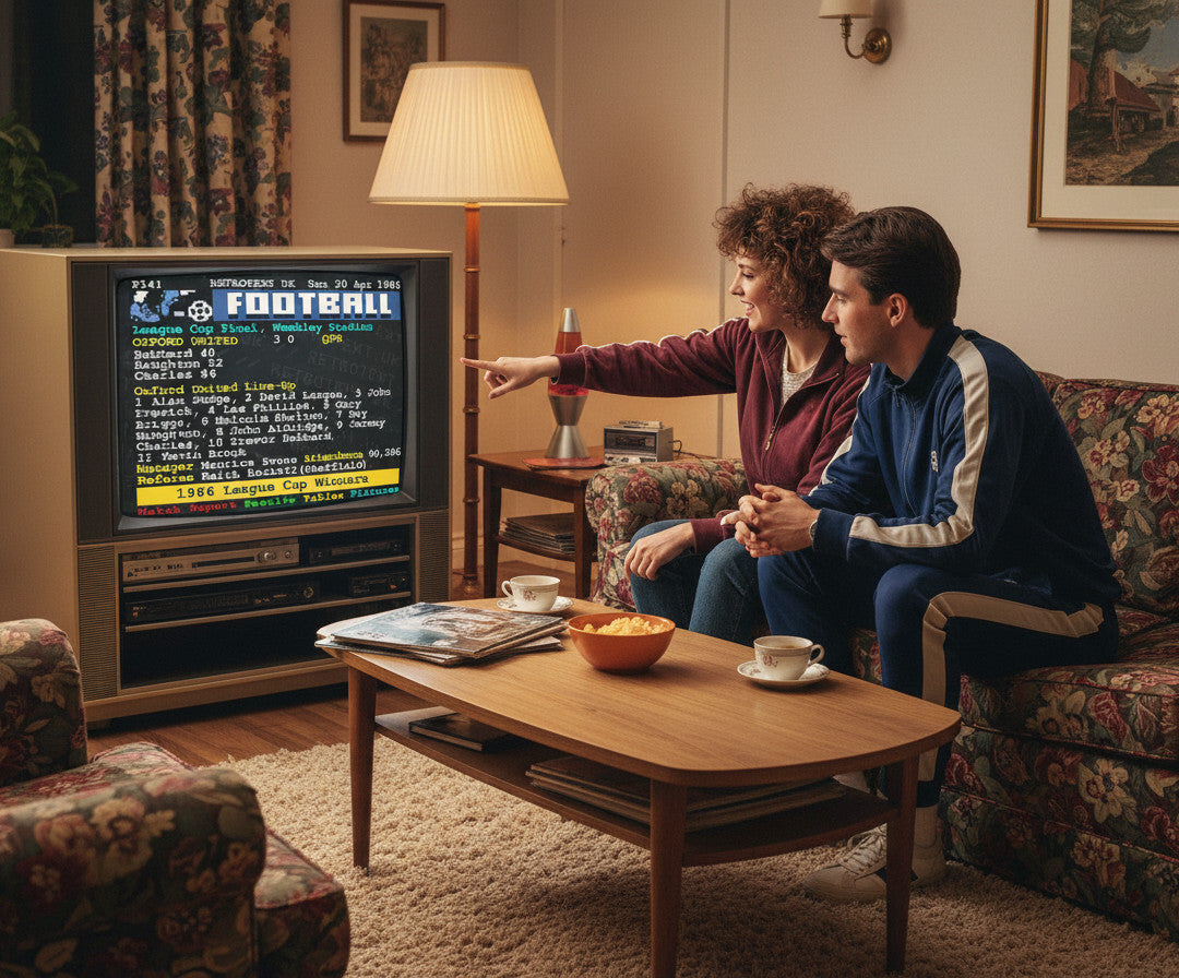 Retrotext Oxford United 1986 League Cup Winners Teletext mug featuring a vintage football score screen design