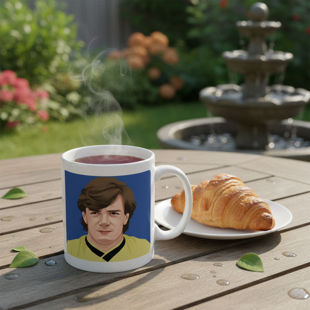 Retrotext Oxford United 1986 League Cup mug featuring Ray Houghton illustration on a garden table with a croissant
