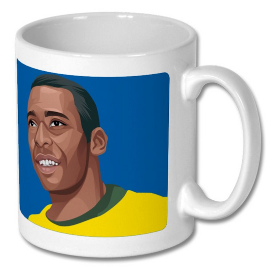 Retrotext 11oz glossy white ceramic mug featuring a graphic illustration of Pele in his 1970 Brazil football kit.