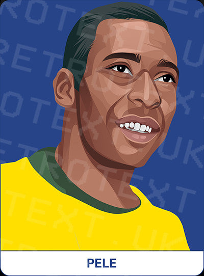 Retrotext Everton mug featuring a vibrant digital illustration of Pele in his iconic yellow Brazil football jersey.