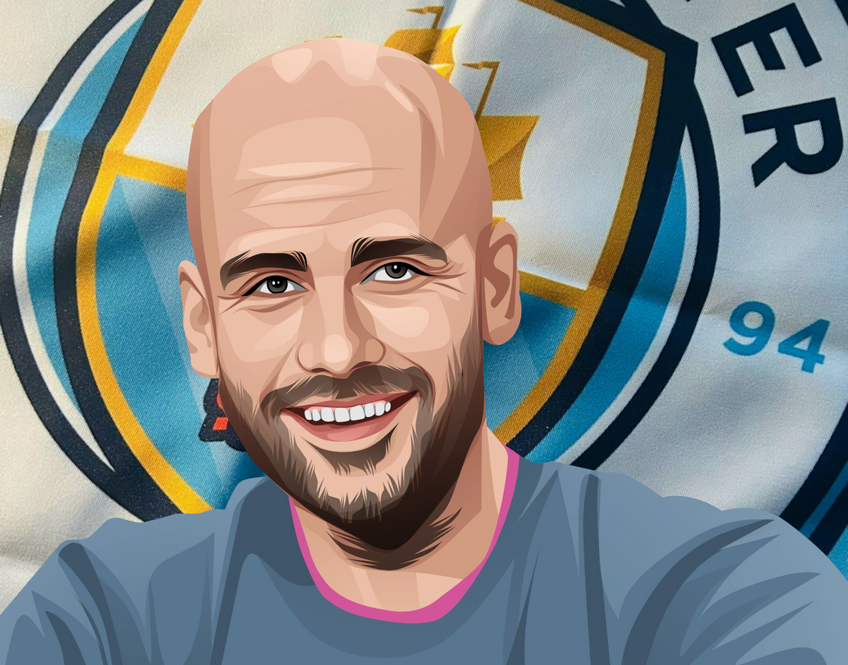 Retrotext Manchester City Pep Guardiola illustration for 2024 Premier League Champions commemorative mug