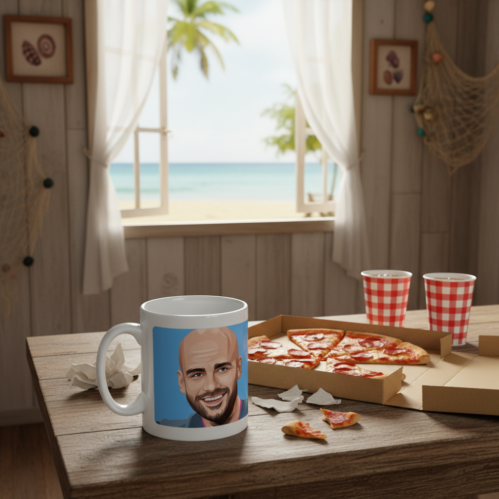 Retrotext ceramic mug featuring Pep Guardiola on a table with pizza, set against a beach house window background.