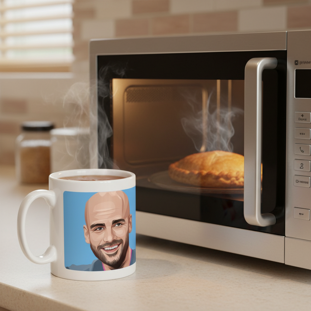 Retrotext ceramic mug featuring a portrait of Pep Guardiola, placed on a kitchen counter next to a microwave.