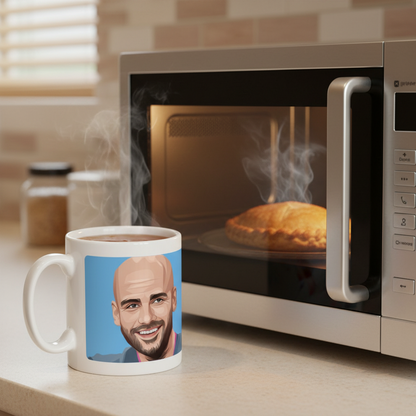 Retrotext ceramic mug featuring a portrait of Pep Guardiola, placed on a kitchen counter next to a microwave.