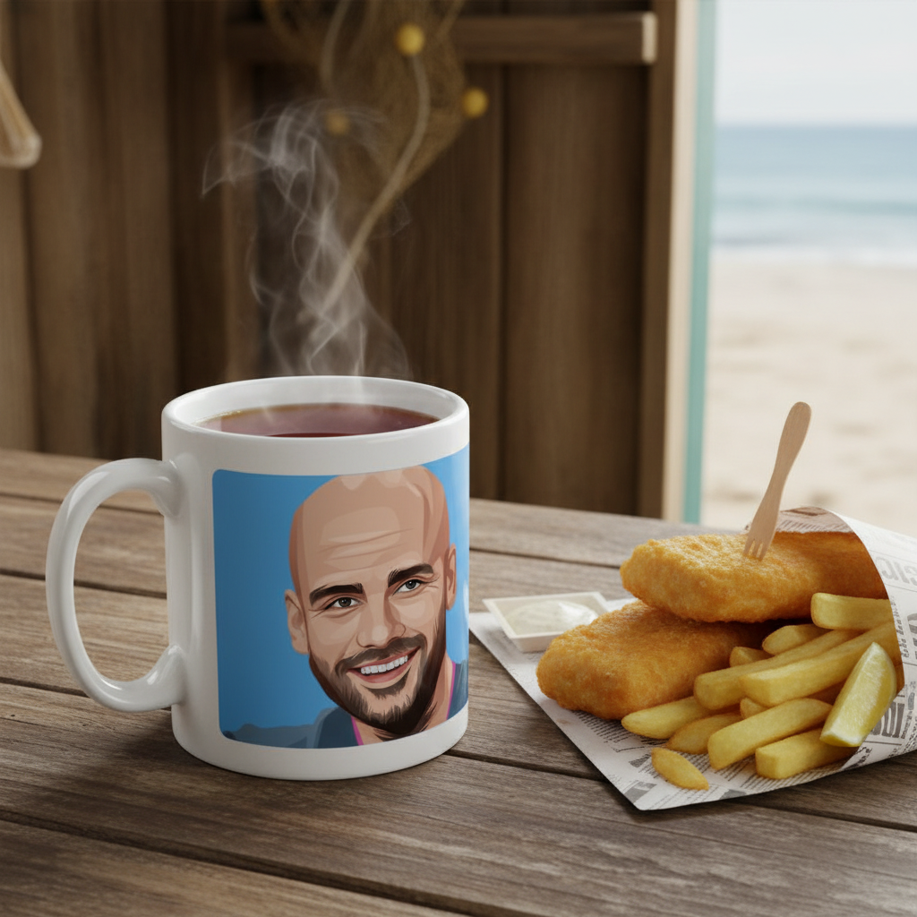 Retrotext Manchester City 2019 FA Cup Winners mug featuring a portrait of Pep Guardiola on a wooden table with fish and chips