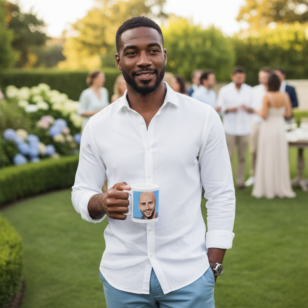 A man holding a Retrotext ceramic mug featuring a Pep Guardiola portrait at an outdoor garden party.