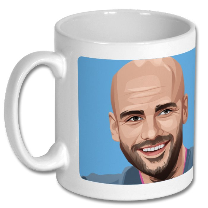 Retrotext Manchester City ceramic mug featuring a vibrant portrait of Pep Guardiola on a light blue background