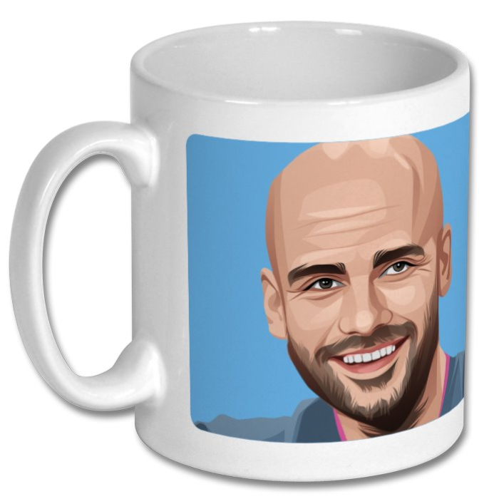 Retrotext Manchester City Pep Guardiola ceramic mug featuring a vibrant illustrated portrait on a blue background