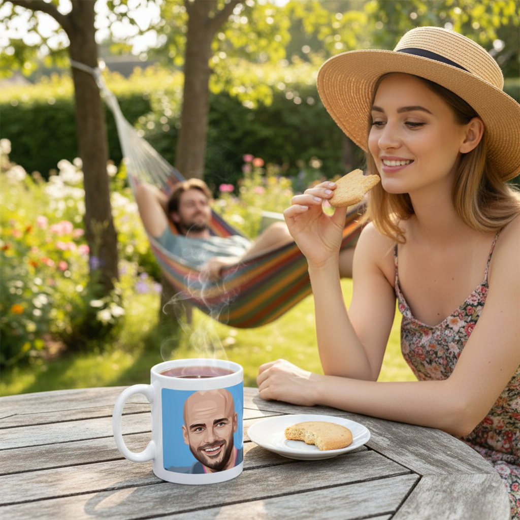 Retrotext Manchester City Pep Guardiola ceramic mug on a wooden table with a woman eating a cookie in a garden