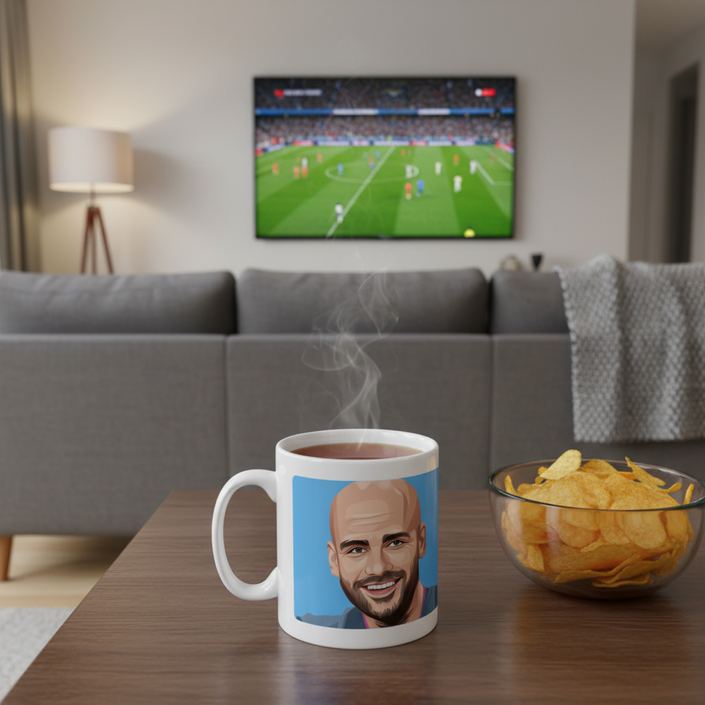 Retrotext Manchester City mug featuring a Pep Guardiola illustration, steaming on a table in a living room.