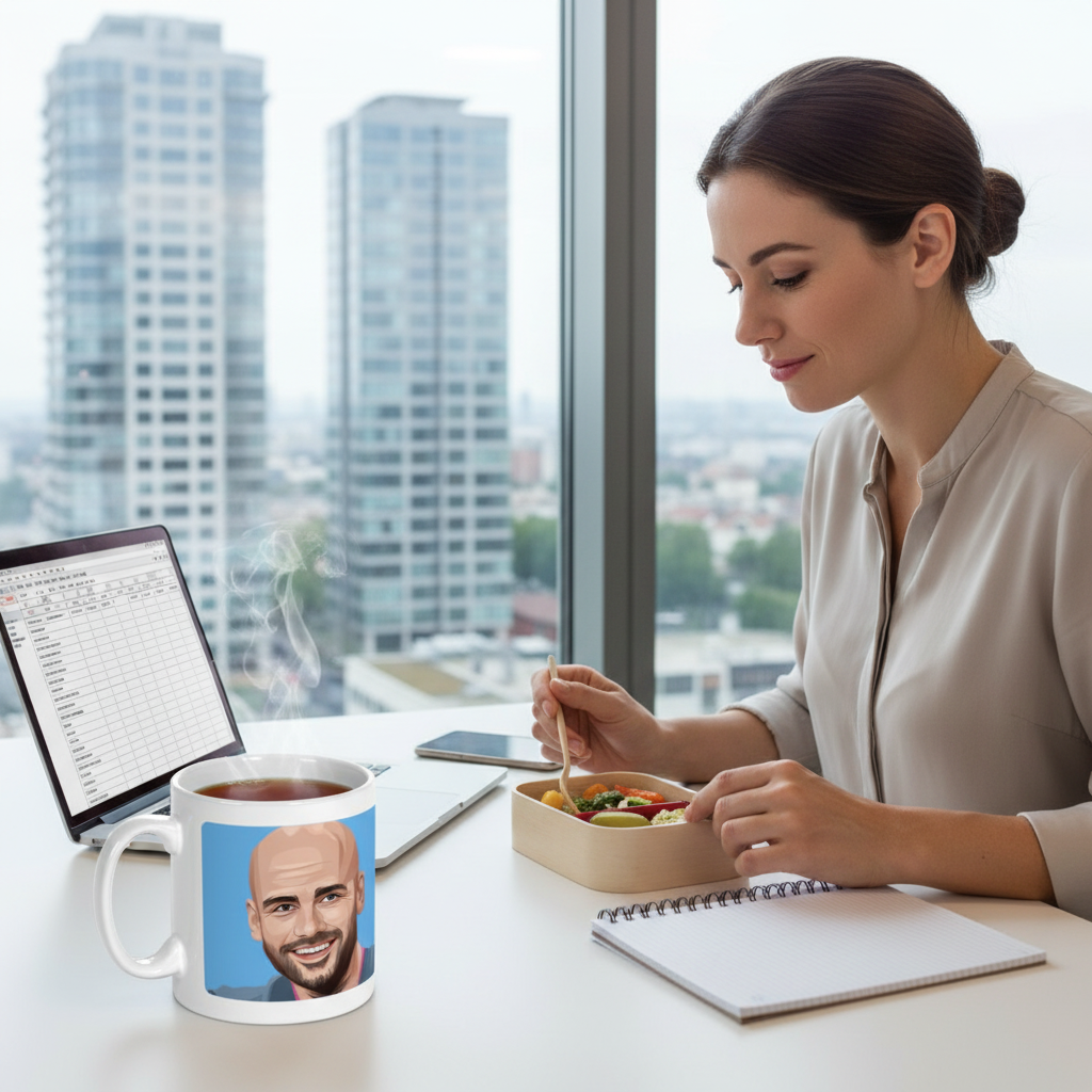 Retrotext mug featuring Pep Guardiola illustration on a desk next to a woman eating lunch by a city office window.