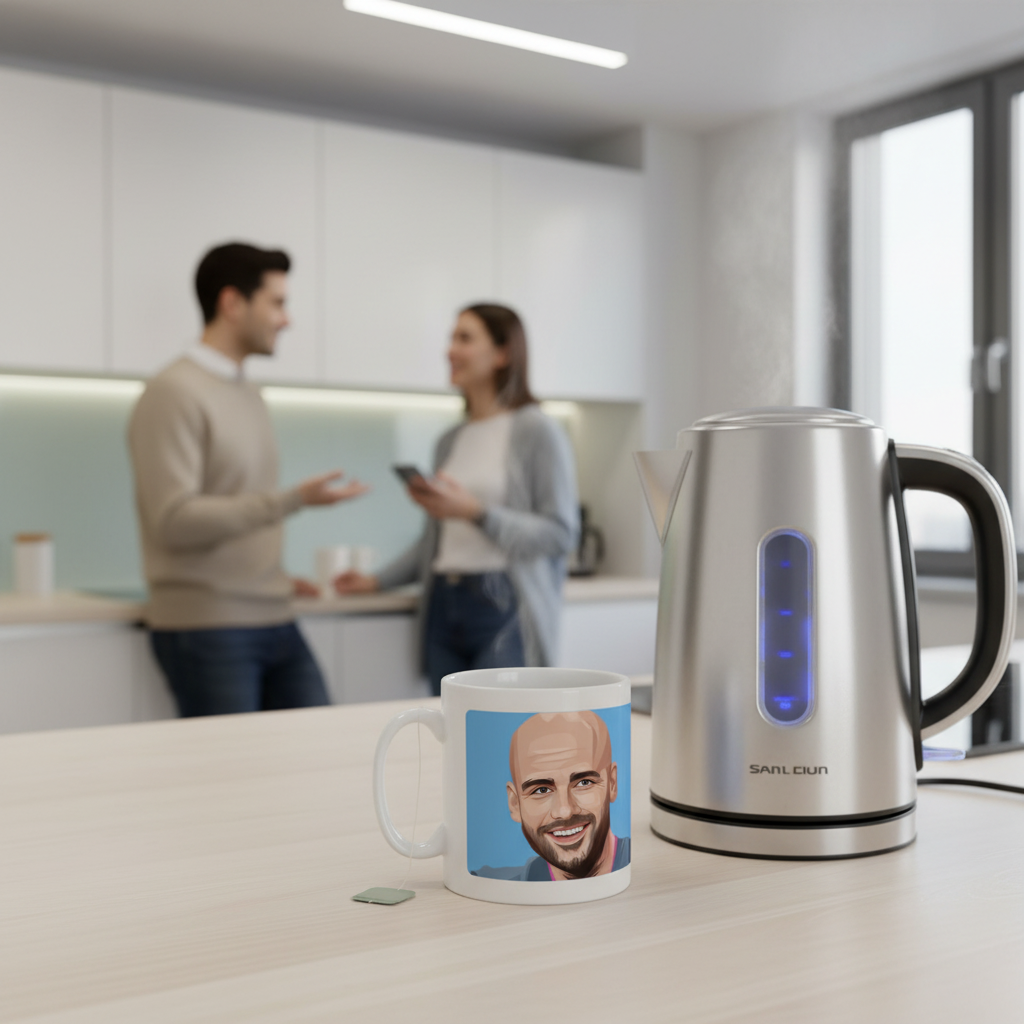 Retrotext 11oz glossy white mug featuring a Pep Guardiola graphic on a kitchen counter next to a stainless kettle.