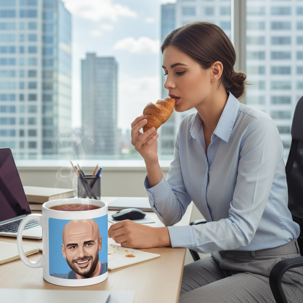 Retrotext 11oz glossy white mug featuring a Pep Guardiola teletext graphic on a desk with a woman eating a croissant.