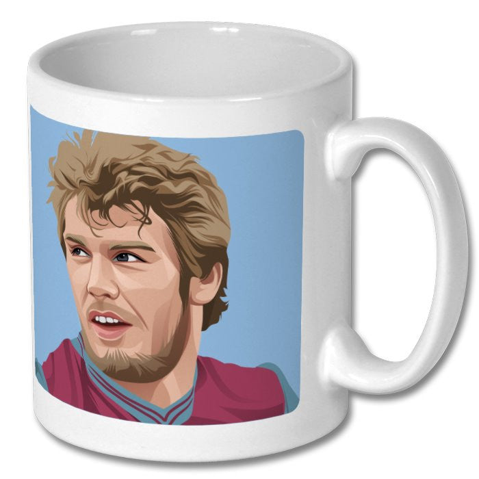 Retrotext white ceramic mug featuring a graphic illustration of Aston Villa legend Peter Withe in his 1982 kit.