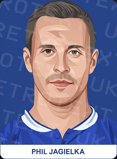 Retrotext Everton Phil Jagielka illustrated portrait on a glossy white mug with blue background